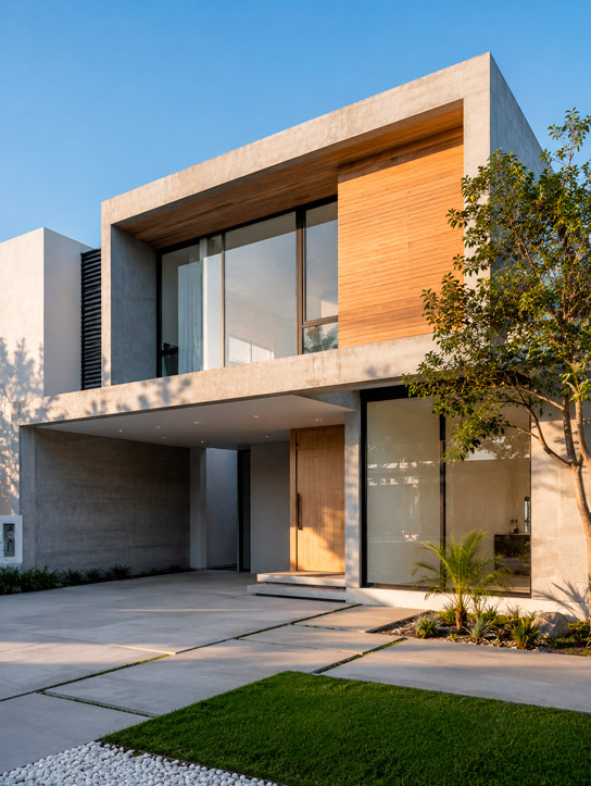 Fotografía de fachada de una casa residencial moderna de dos niveles dentro de un fraccionamiento, líneas arquitectónicas limpias y minimalistas, combinación de muros de concreto aparente color gris claro y acabados de madera clara, ventanales grandes de piso a techo, cochera techada al frente, jardín pequeño con pasto y piedra decorativa, cielo despejado de día, luz natural cálida de media tarde, estilo fotografía de revista de arquitectura residencial, sin personas, sin texto ni logotipos.