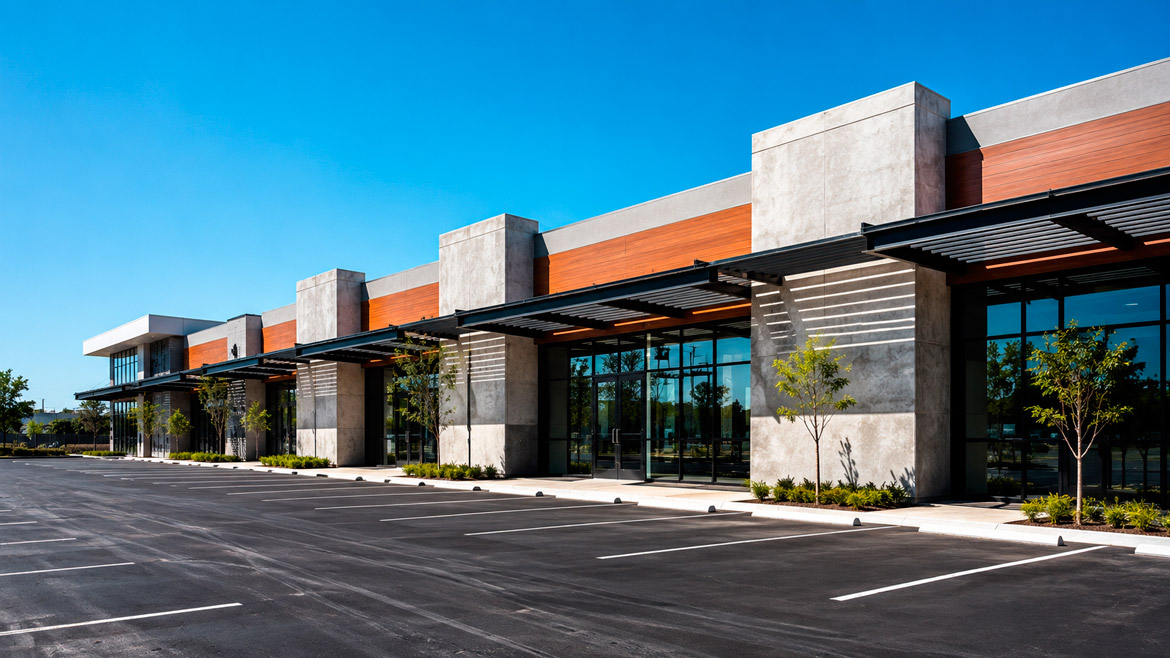 Fotografía exterior de una plaza comercial moderna de un nivel, fachada con grandes ventanales, pérgolas metálicas y acabados en concreto aparente combinados con paneles de madera, estacionamiento amplio en primer plano con líneas recién pintadas, cielo azul despejado, luz de día brillante, estilo fotografía comercial inmobiliaria, sin personas, sin texto ni logotipos de marcas.